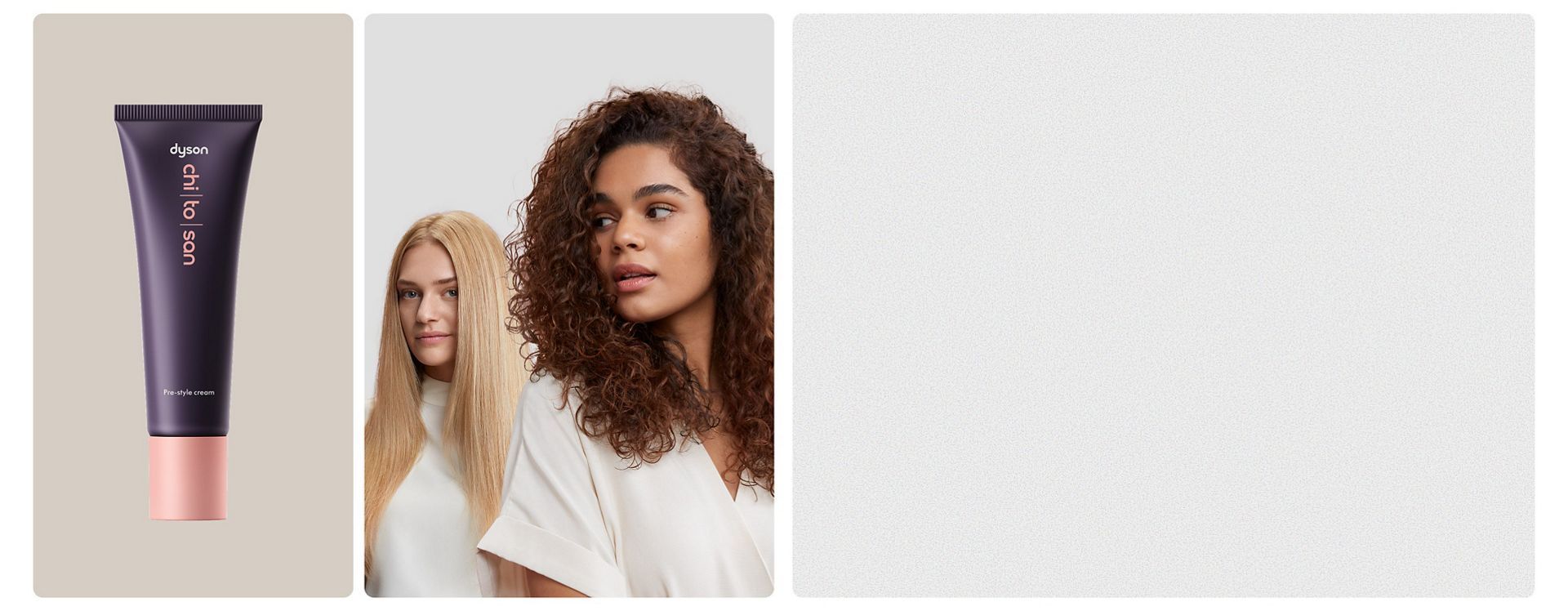 Dyson Chitosan Pre-style cream 30ml alongside a pair of models with styled hair.