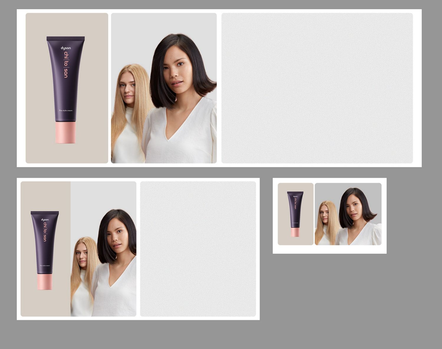  Dyson Chitosan Pre-Style-Creme 30 ml neben zwei Models mit gestyltem Haar.