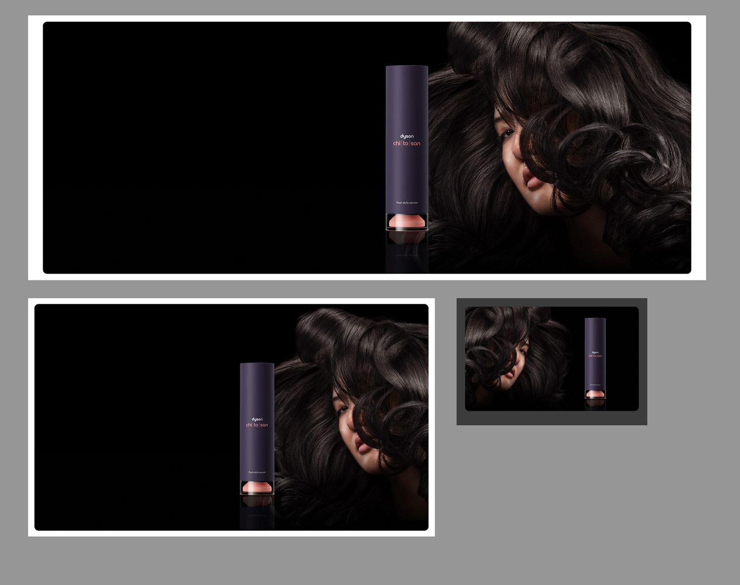  Dyson Chitosan Post-style serum next to a model with voluminous styled hair.