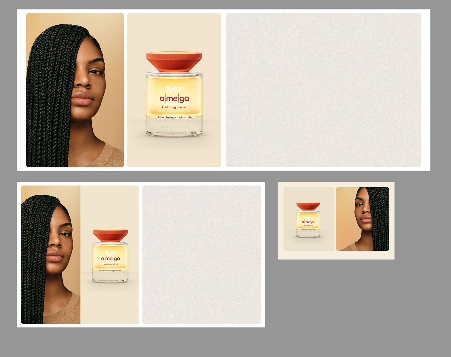 Dyson Omega hydrating hair oil next to a model with nourished hair.