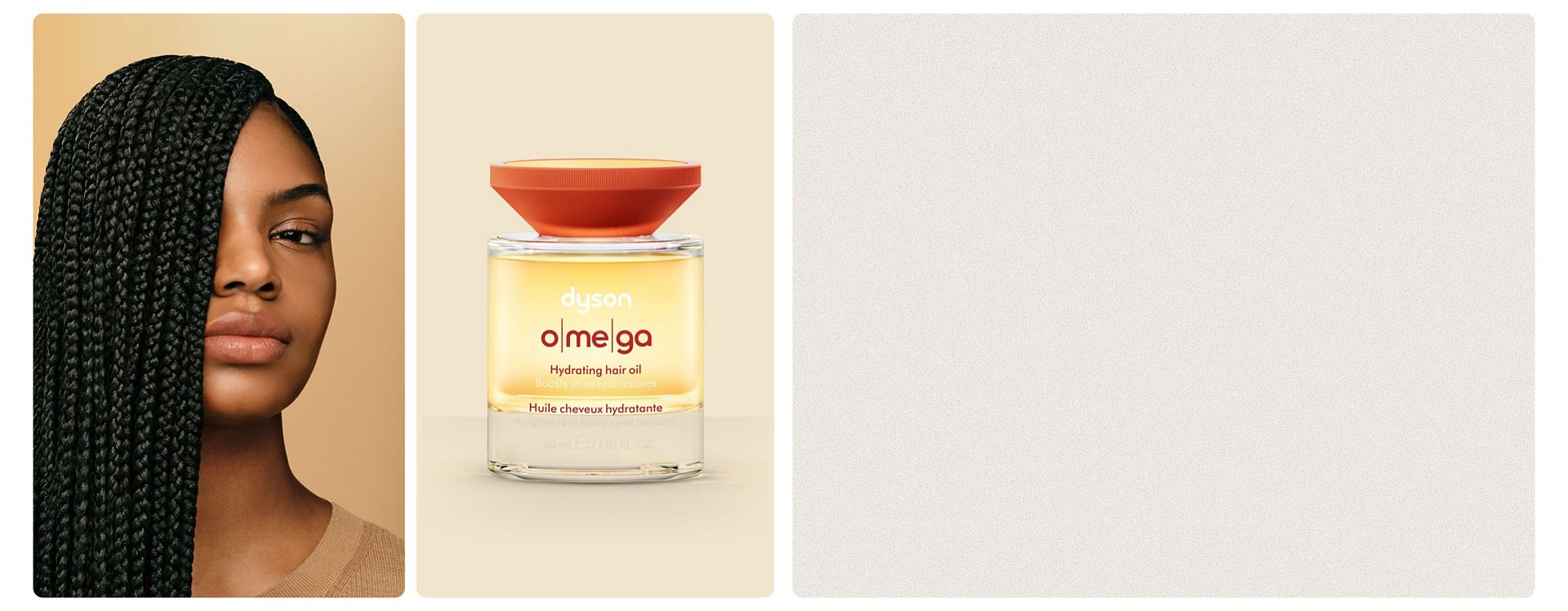 Dyson Omega hydrating hair oil next to a model with nourished hair.