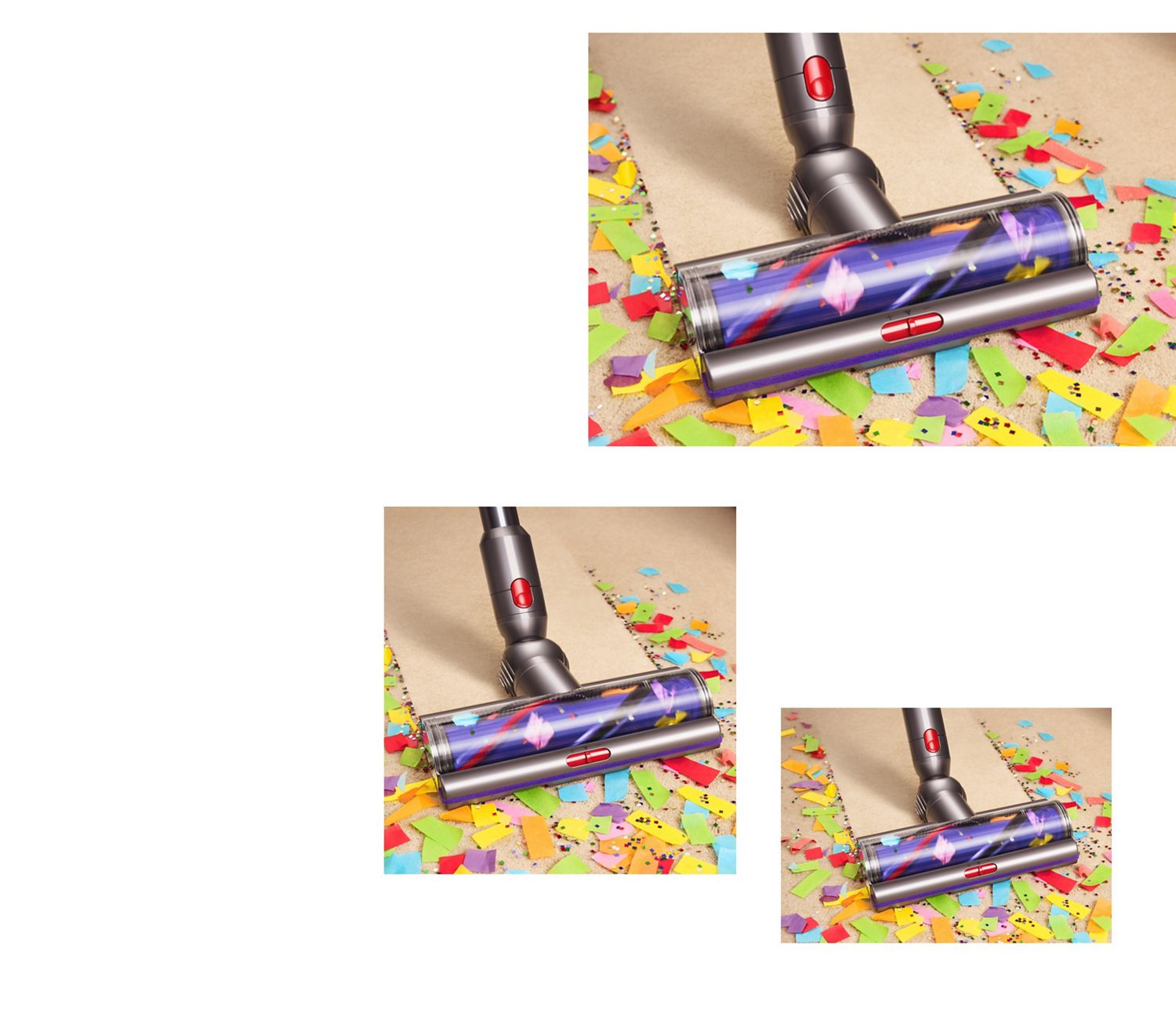 De Dyson motorbar vloerzuigmond wordt gebruikt om confetti, pailletten en glitters van een harde vloer te verwijderen. De Dyson motorbar vloerzuigmond wordt gebruikt om confetti, pailletten en glitters van een harde vloer te verwijderen.