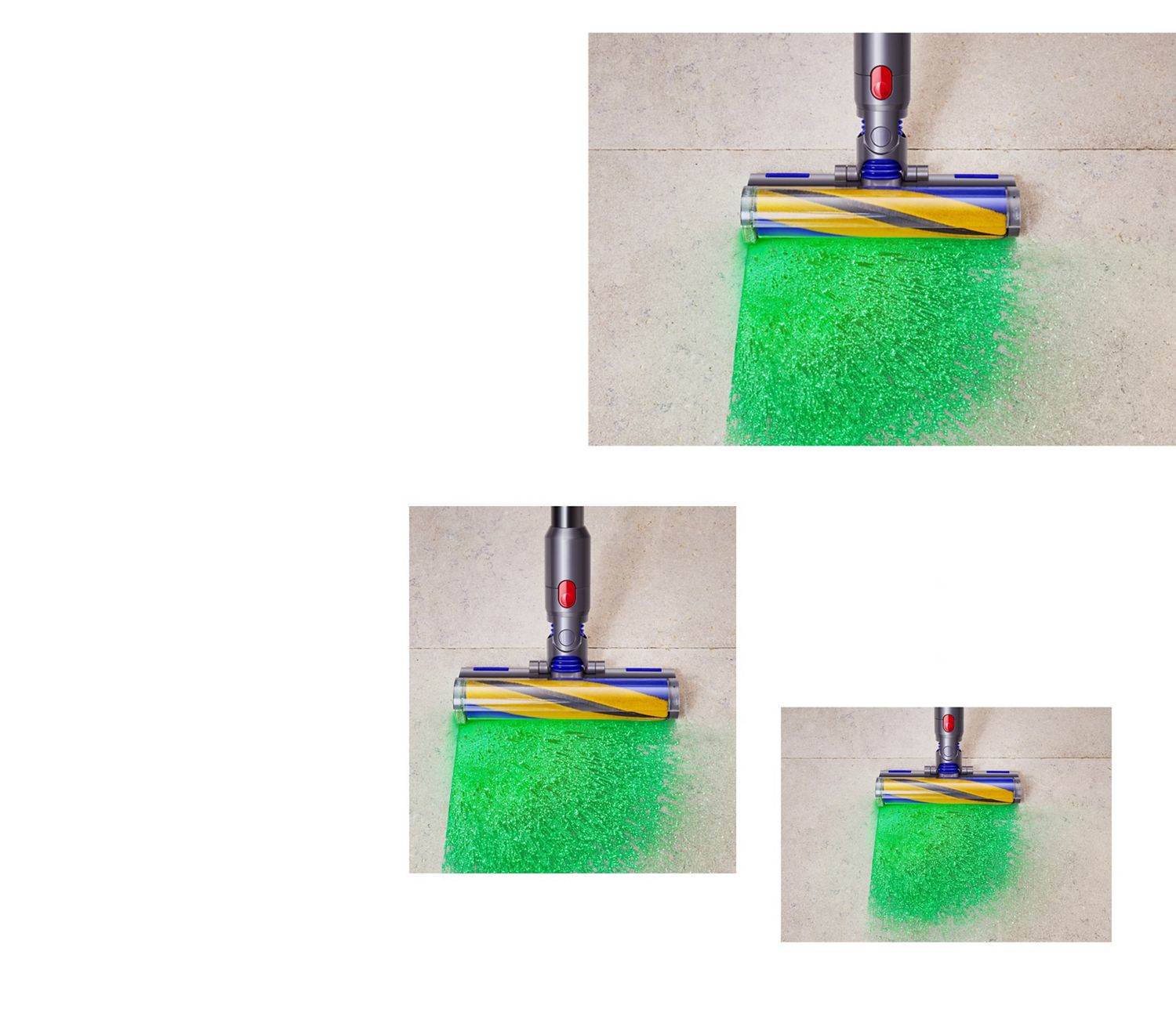 De Dyson Fluffy Optic vloerzuigmond maakt onzichtbaar stof op een tegelvloer zichtbaar. De Dyson Fluffy Optic vloerzuigmond maakt onzichtbaar stof op een tegelvloer zichtbaar.