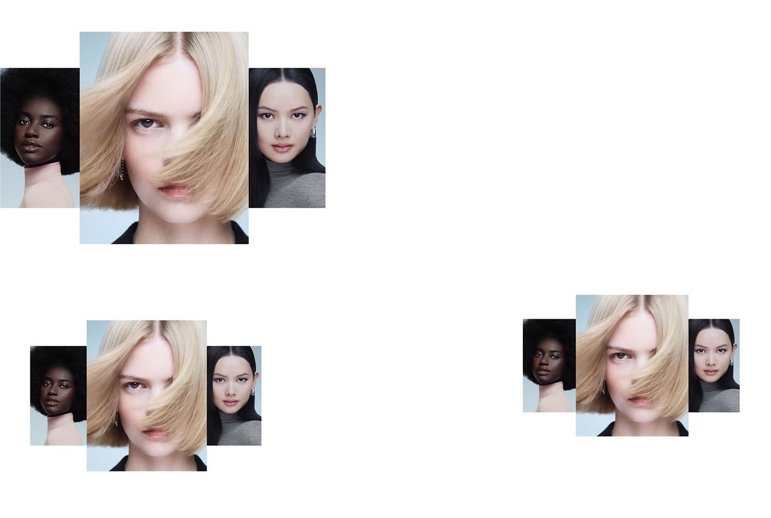 A trio of models with different hair types styled using Dyson Beauty devices and products.