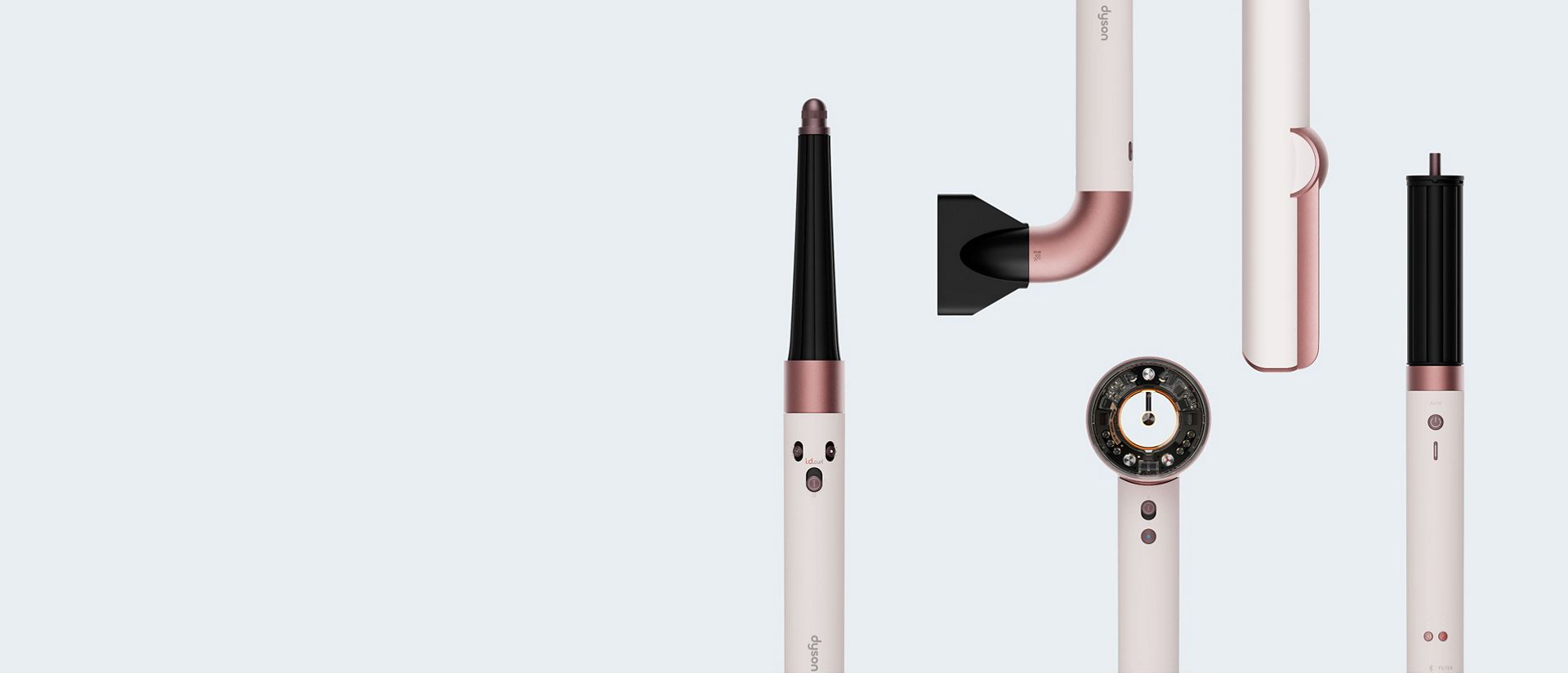 The Dyson Beauty device range in Ceramic pink and rose gold.