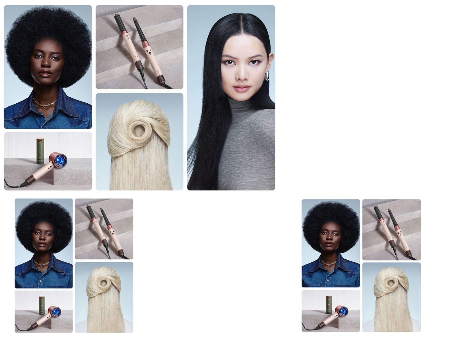 Collage showing various Dyson Beauty devices and formulations alongside models with luxurious styled hair.