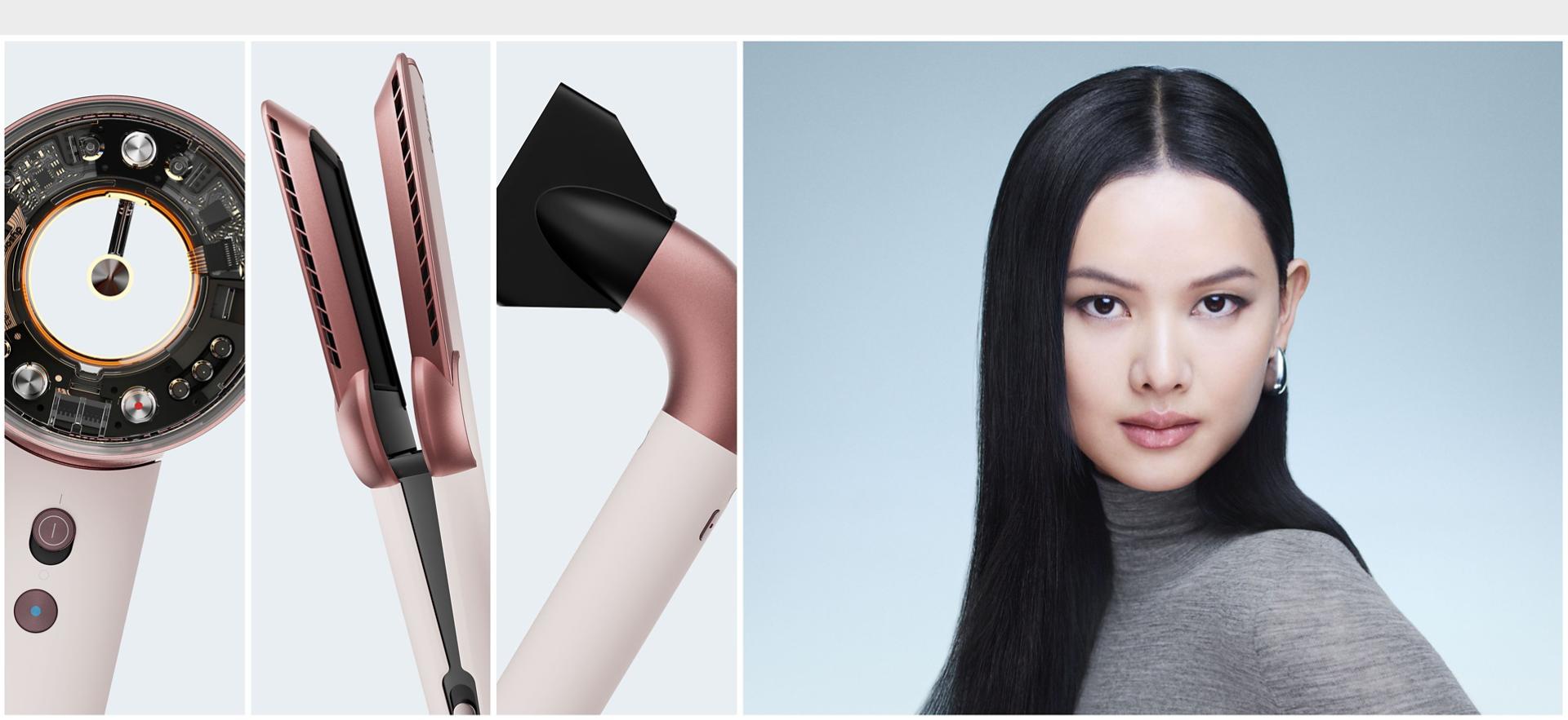 Collage showing a range of Dyson hair care devices alongside a model with styled hair.