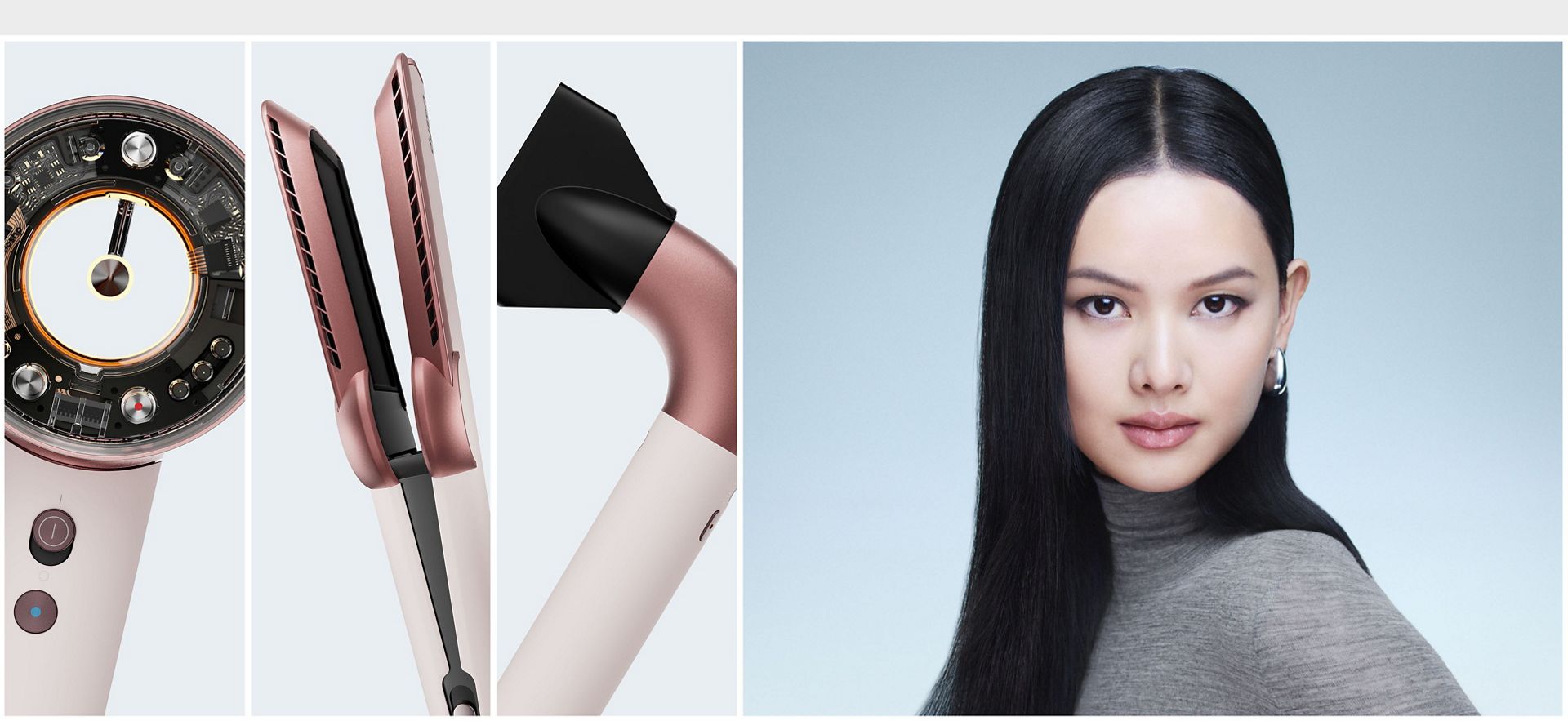 Collage showing a range of Dyson hair care devices alongside a model with styled hair.