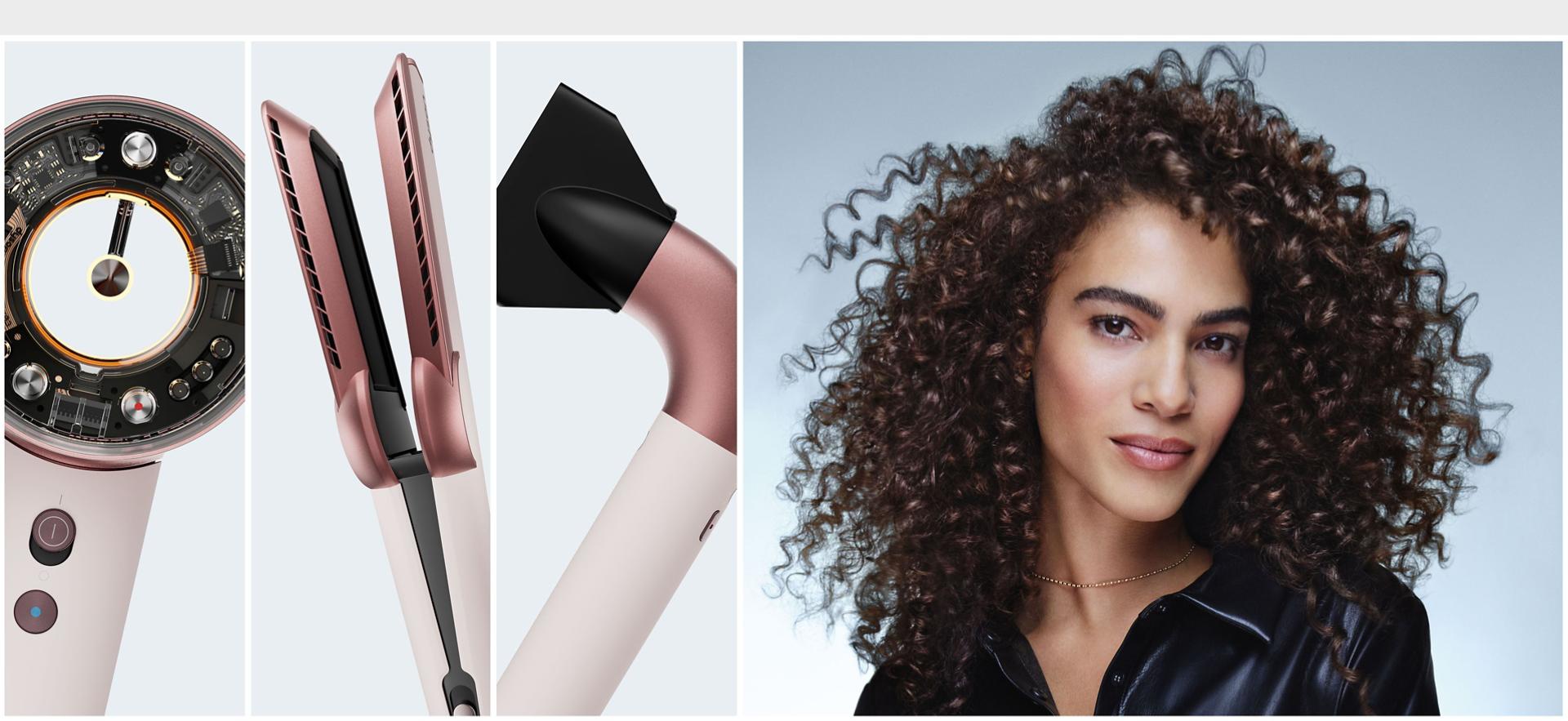 Collage showing a range of Dyson hair care devices alongside a model with styled hair.