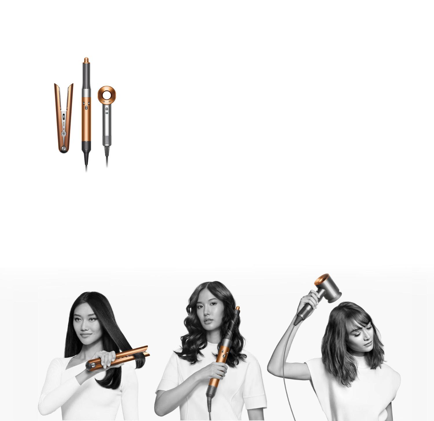 Tre modelle che usano la gamma per la cura dei capelli Dyson