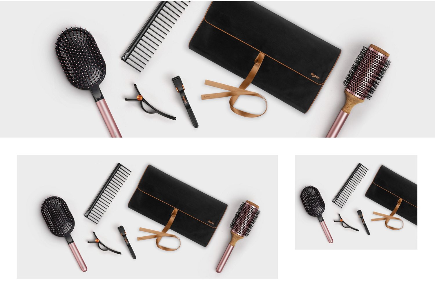 A line-up of Dyson hair care accessories including a paddle brush, detangling comb, hair clips and a carry pouch.