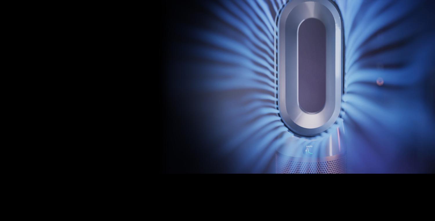 Dyson Purifier Hot+Cool Formaldehyde purifier with blue lines showing airflow.