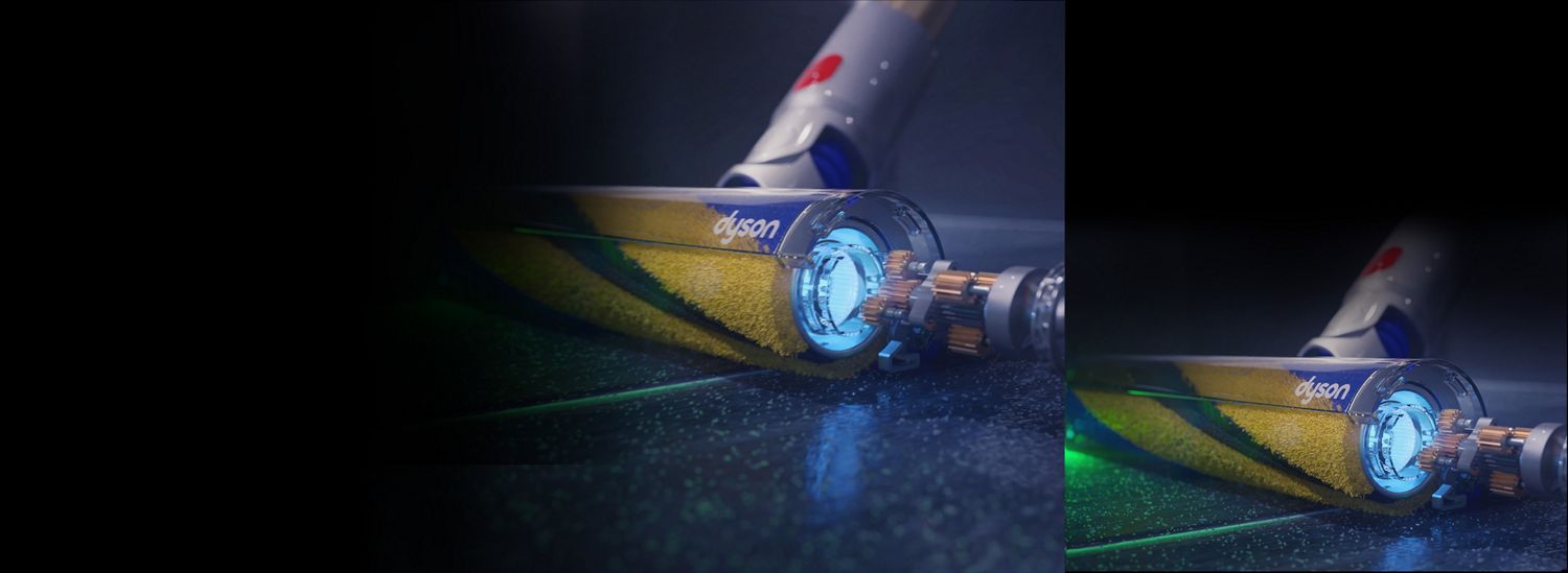 Dyson V15 Detect verlichte vloerzuigmond op een harde vloer.