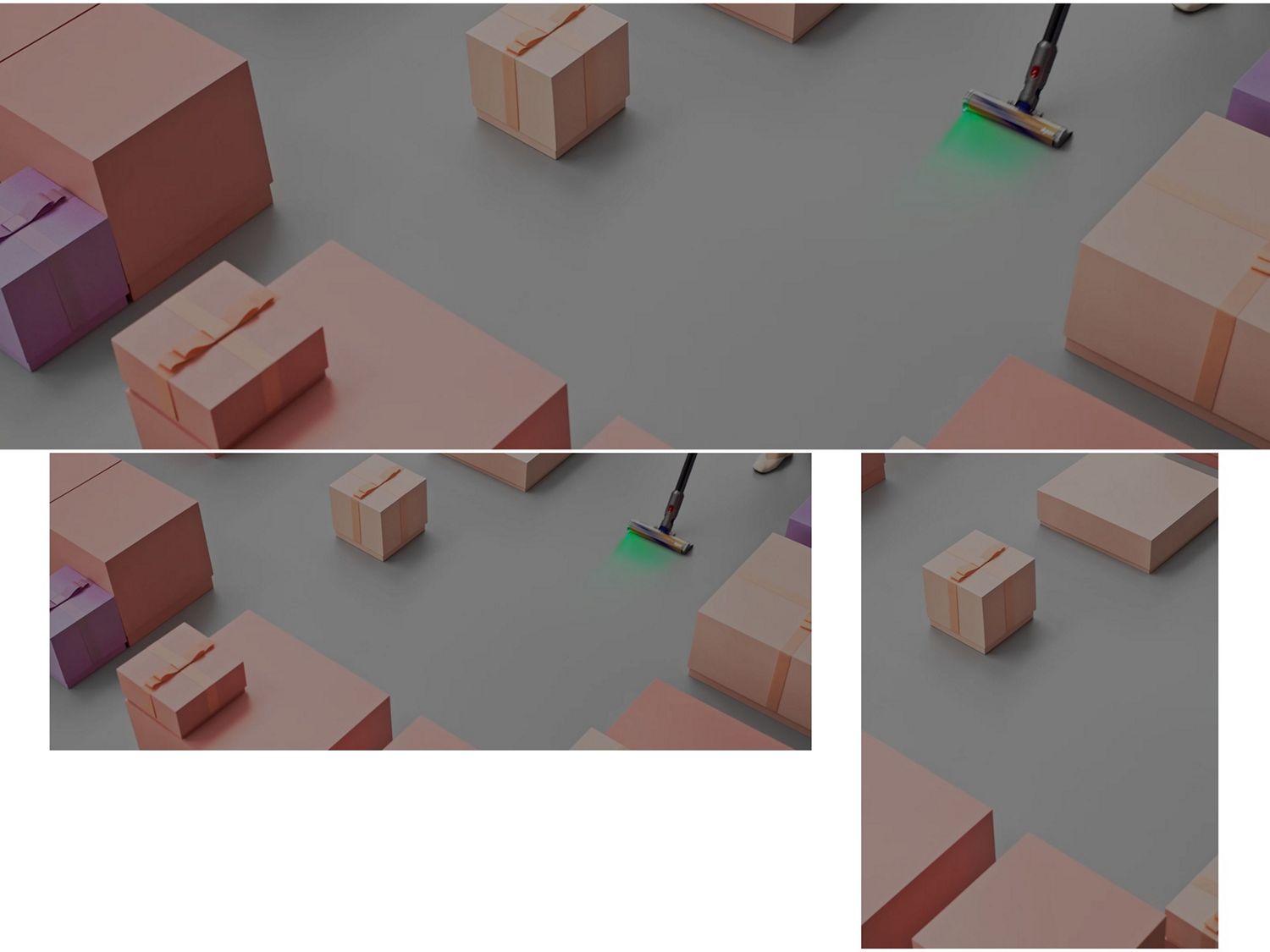 A Dyson cordless vacuum cleans between a selection of gift-wrapped boxes.