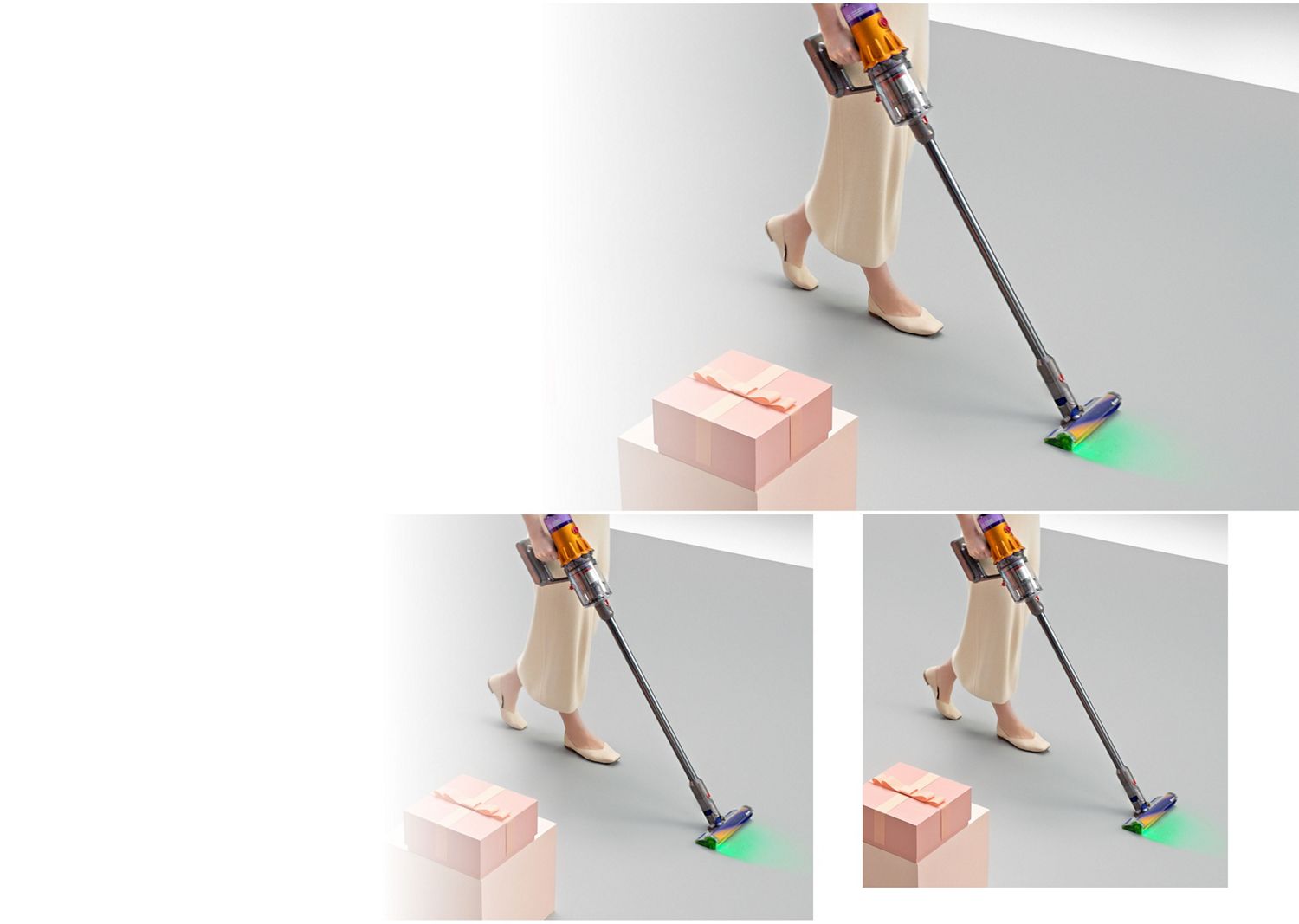 Dyson V12 Detect cordless vacuum used to clean dust and debris from a floor.