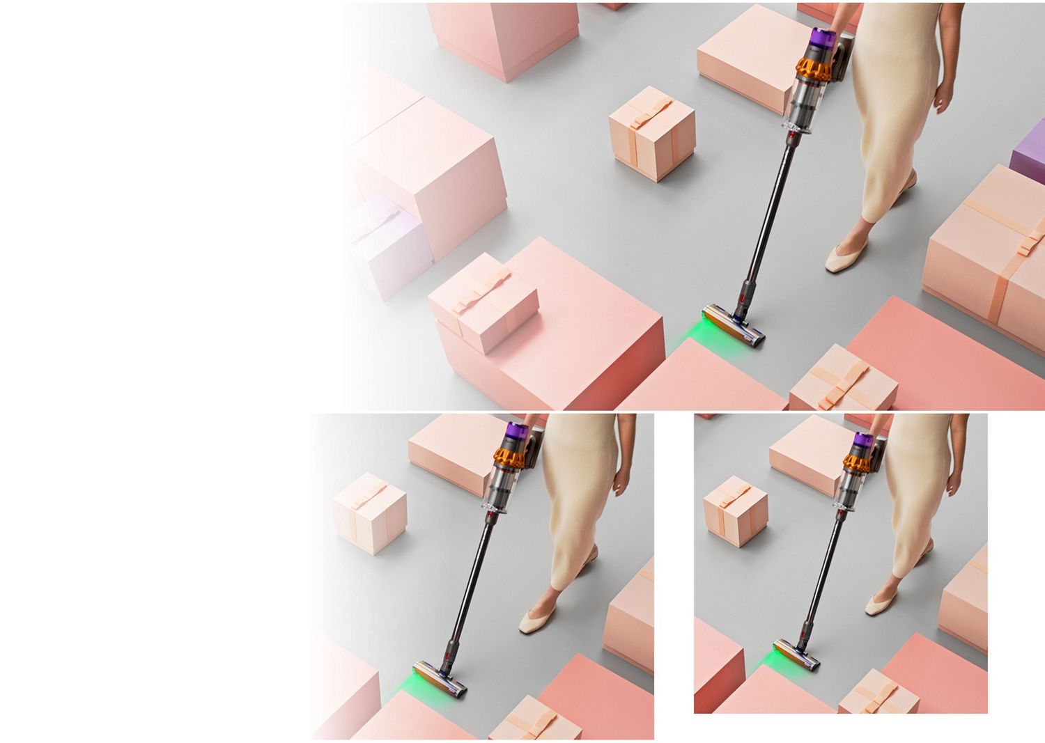 Dyson V15 Detect cordless vacuum used to clean dust and debris from a floor.