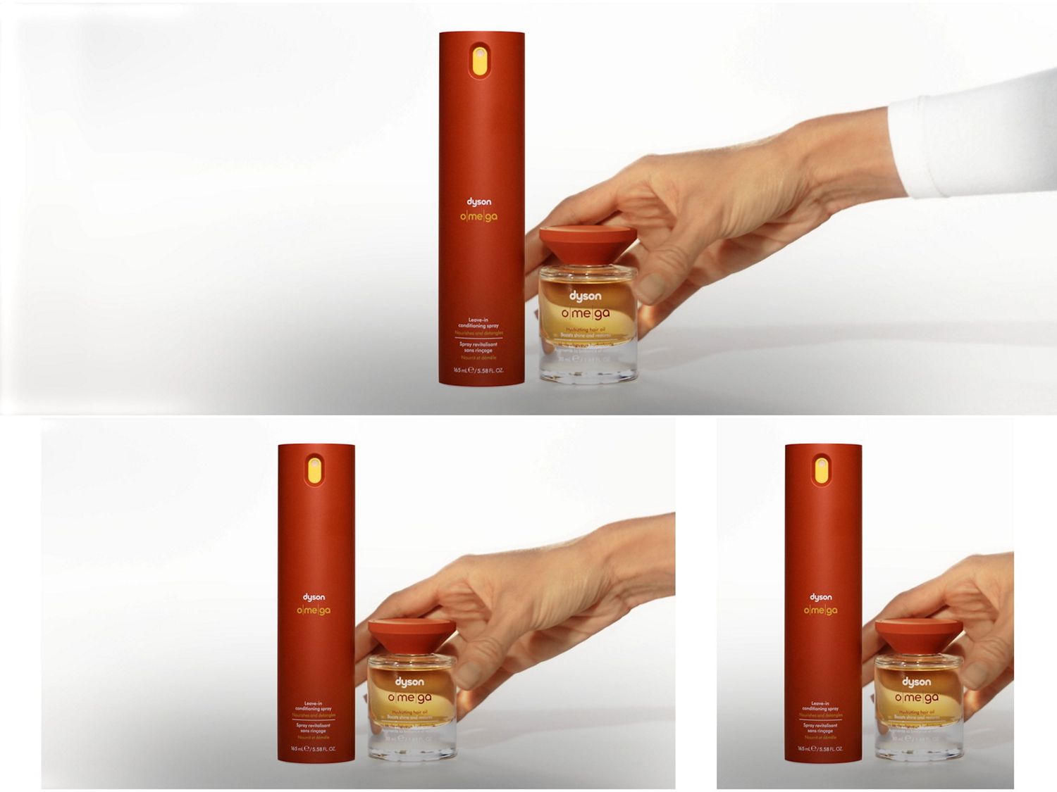 Eine Person nimmt das Dyson Omega Pflegesortiment in die Hand.