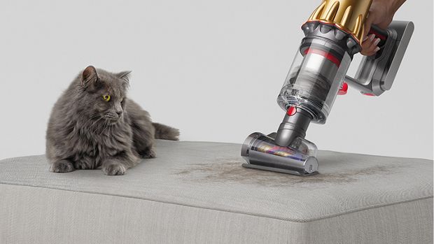 A Dyson vacuum is used with the Hair screw tool in handheld mode to clean cat hair from upholstery.