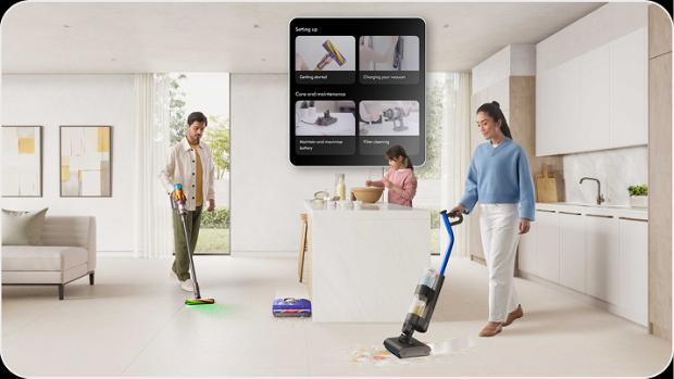 Dyson machines are used to clean around a home while an app screen shows helpful home cleaning tips.
