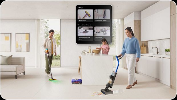 Dyson machines are used to clean around a home while an app screen shows helpful home cleaning tips.
