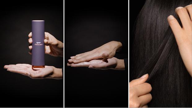 Serum utrwalające Dyson Chitosan wyciśnięte na dłoni i wmasowane we włosy.