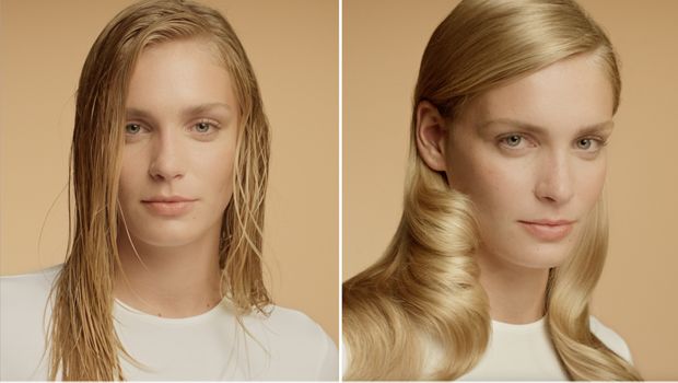 Porównanie tego samego modelu z mokrymi, a następnie wysuszonymi włosami