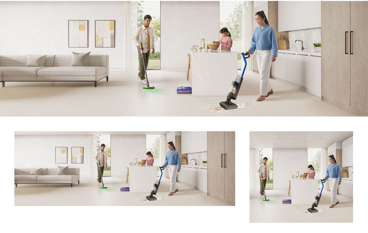 The Dyson V15 Detect cordless vacuum, WashG1 wet floor cleaner and 360 Vis Nav robot vacuum used to clean around a home.