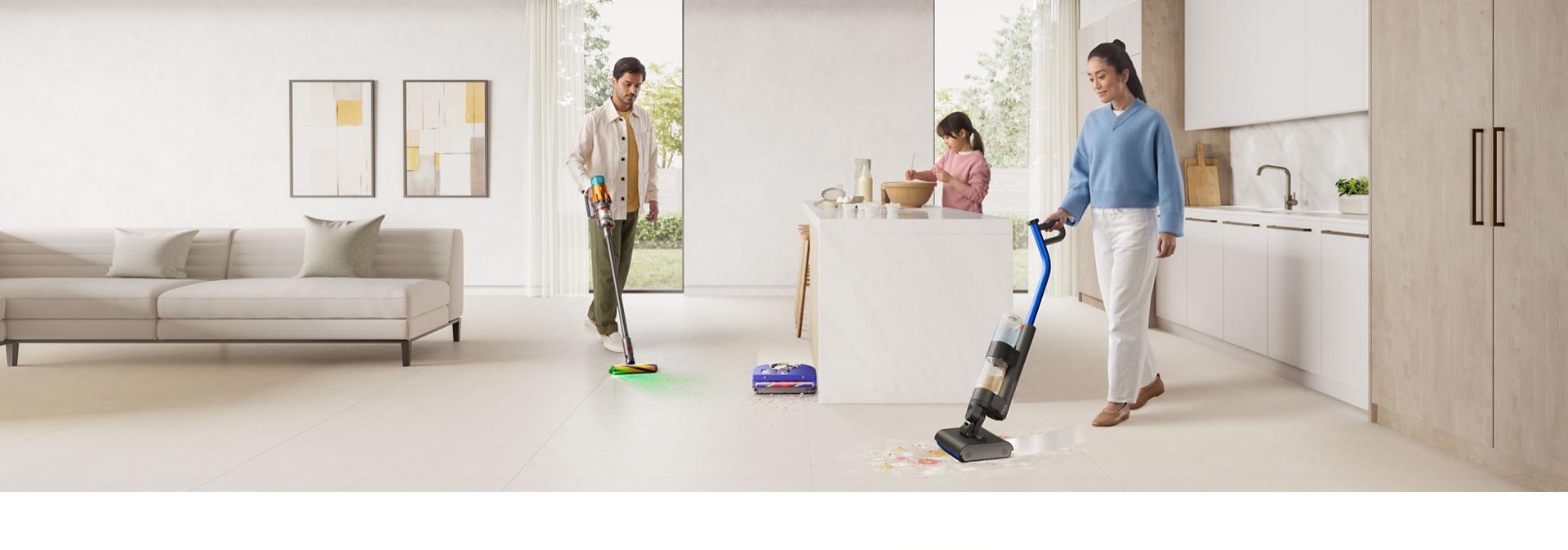 The Dyson V15 Detect cordless vacuum, WashG1 wet floor cleaner and 360 Vis Nav robot vacuum used to clean around a home.