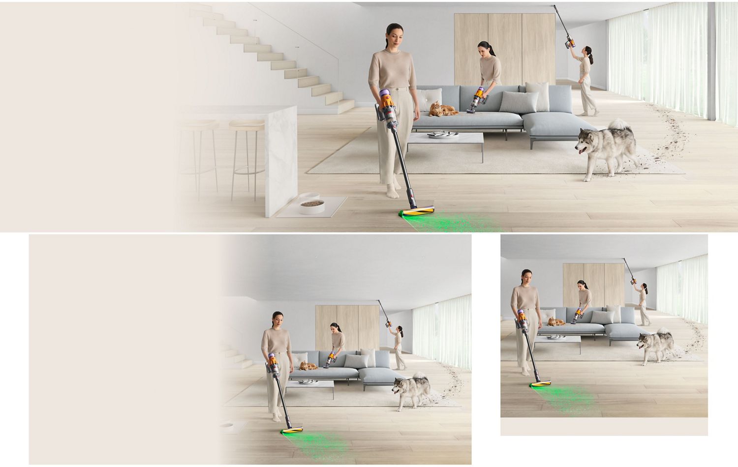 A person cleans around their home with a Dyson vacuum in stick and handheld modes.