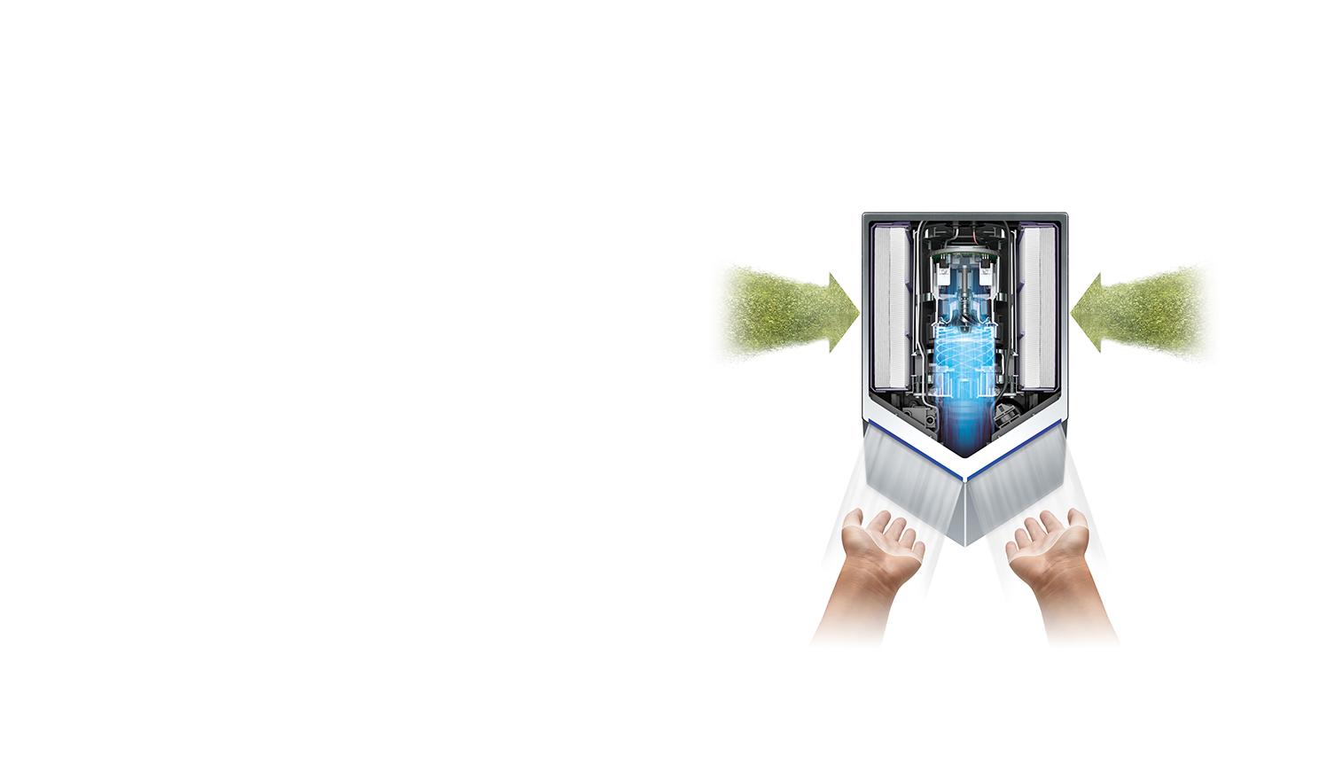 Manos secándose con un secador de manos Dyson Airblade V.