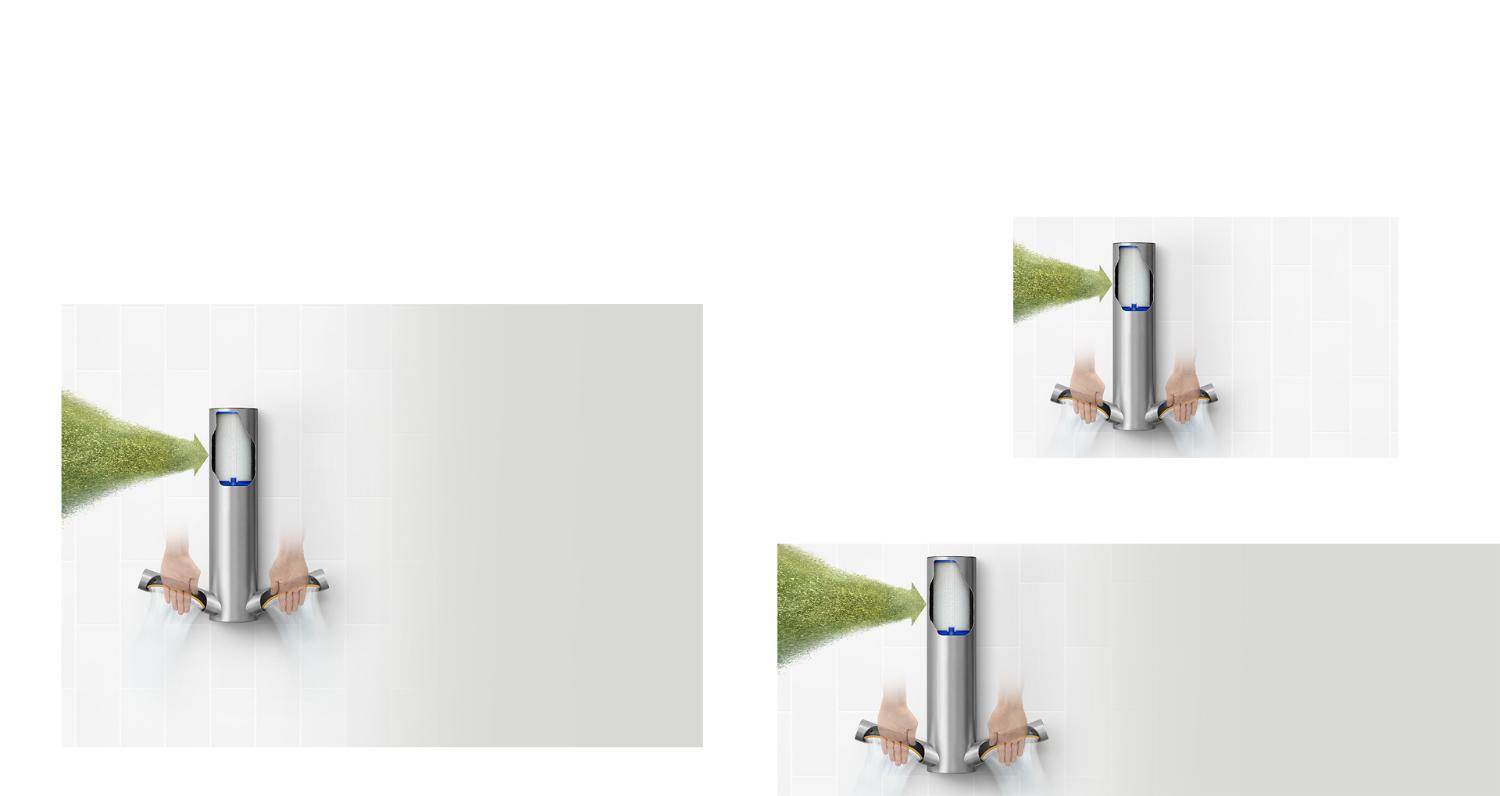 Corte transversal de um secador de mãos Dyson Airblade 9kJ que revela um filtro HEPA com partículas na sua direção.