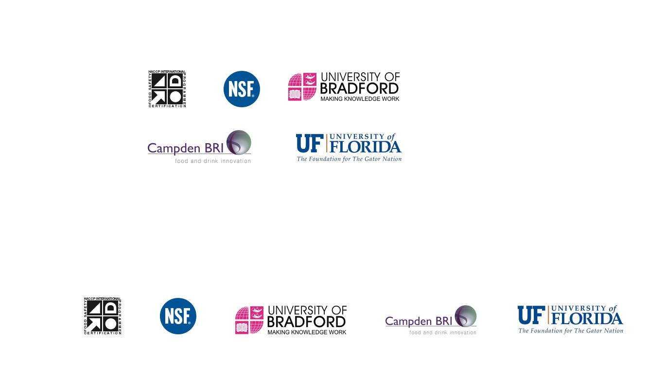 Logos of the HACCP and NSF certifications, University of Bradford, University of Florida and Campden BRI