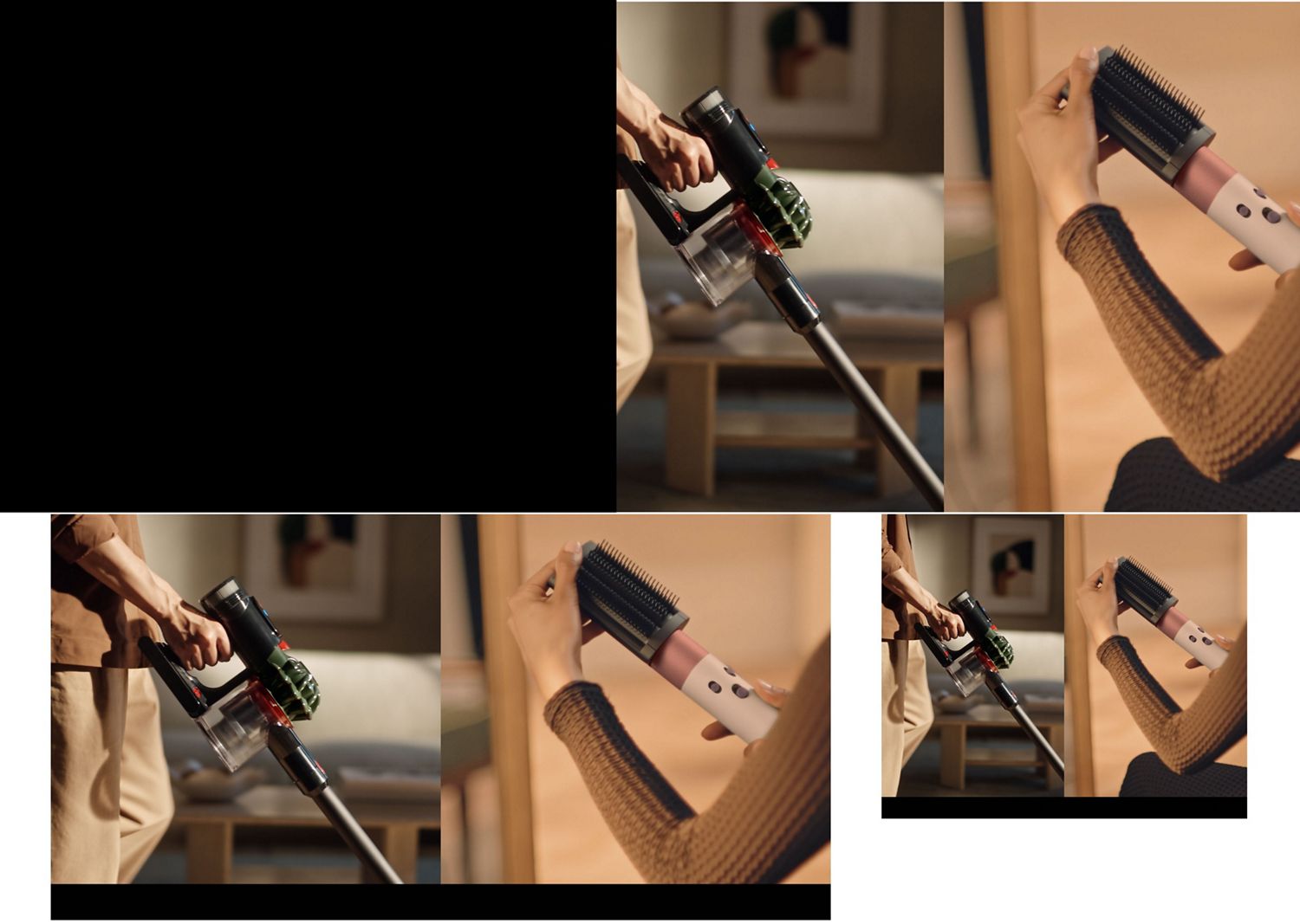 A Dyson cordless vacuum is used to clean around a home while an attachment is added to a Dyson Airwrap styler.