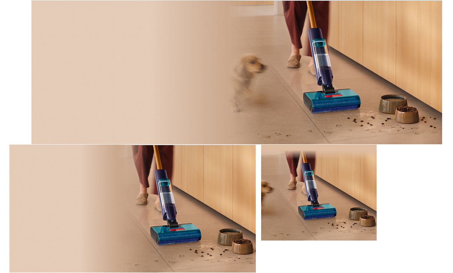 Dyson Clean+Wash Hygiene wet floor cleaner used to clean wet and dry mess from a hard floor.