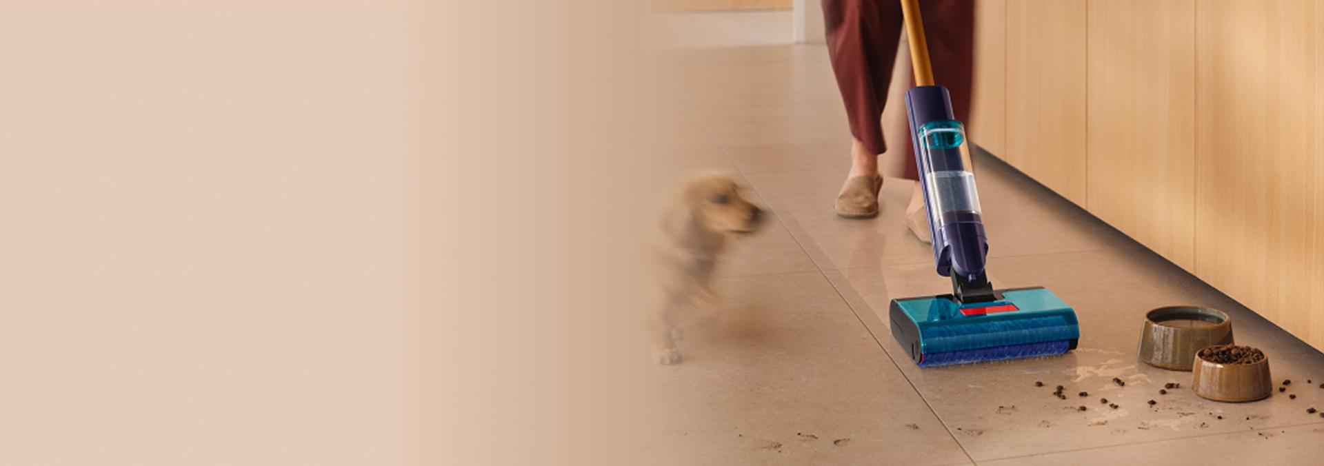 Dyson Clean+Wash Hygiene wet floor cleaner used to clean wet and dry mess from a hard floor.