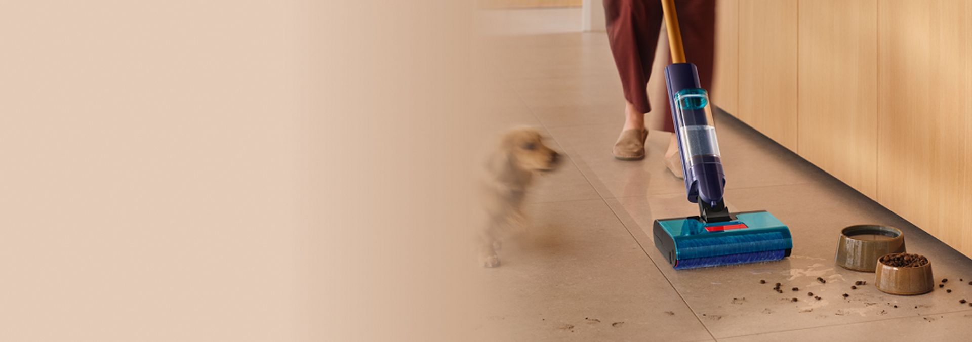Dyson Clean+Wash Hygiene wet floor cleaner used to clean wet and dry mess from a hard floor.