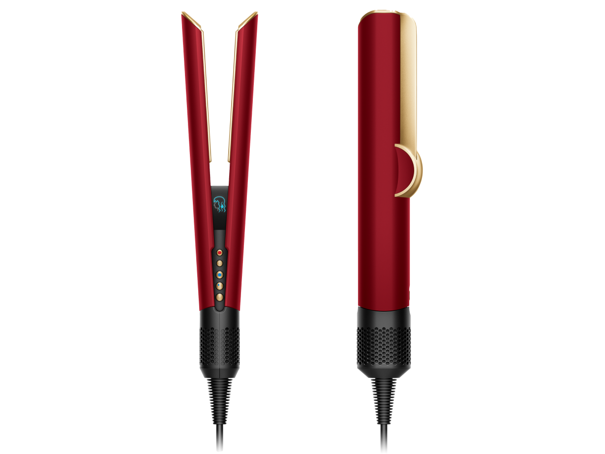 The Dyson Airstrait hair straightener front and side view