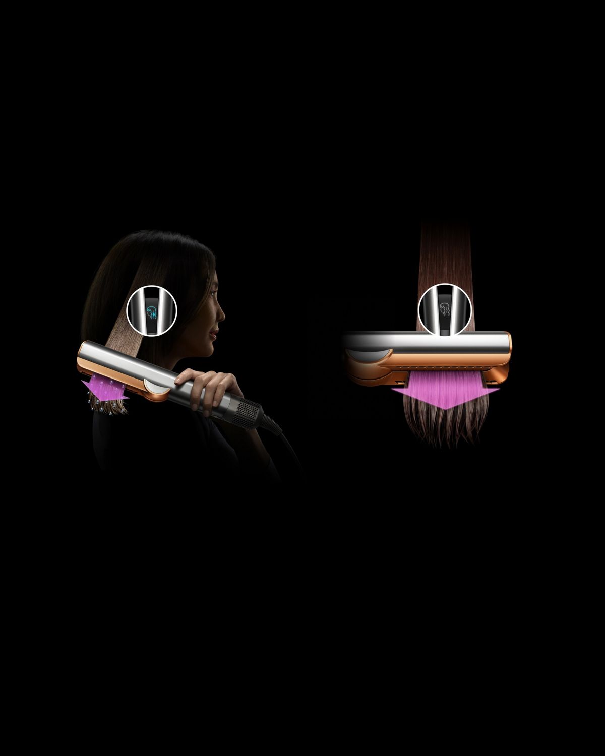 The Dyson Airstrait straightener in shown straightening hair from wet and from dry in two images which sit beside one another.