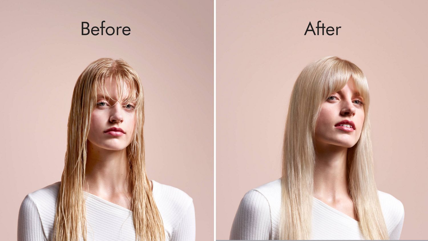 Una modella con capelli biondi lunghi e lisci prima della messa in piega, con i capelli bagnati, e poi mostrata dopo aver utilizzato la piastra Dyson Airstrait.