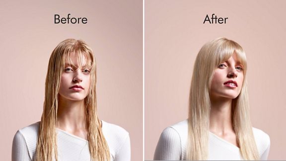 A model with long, straight blonde hair before styling, with hair wet, and then shown after having used the Dyson Airstrait straightener.