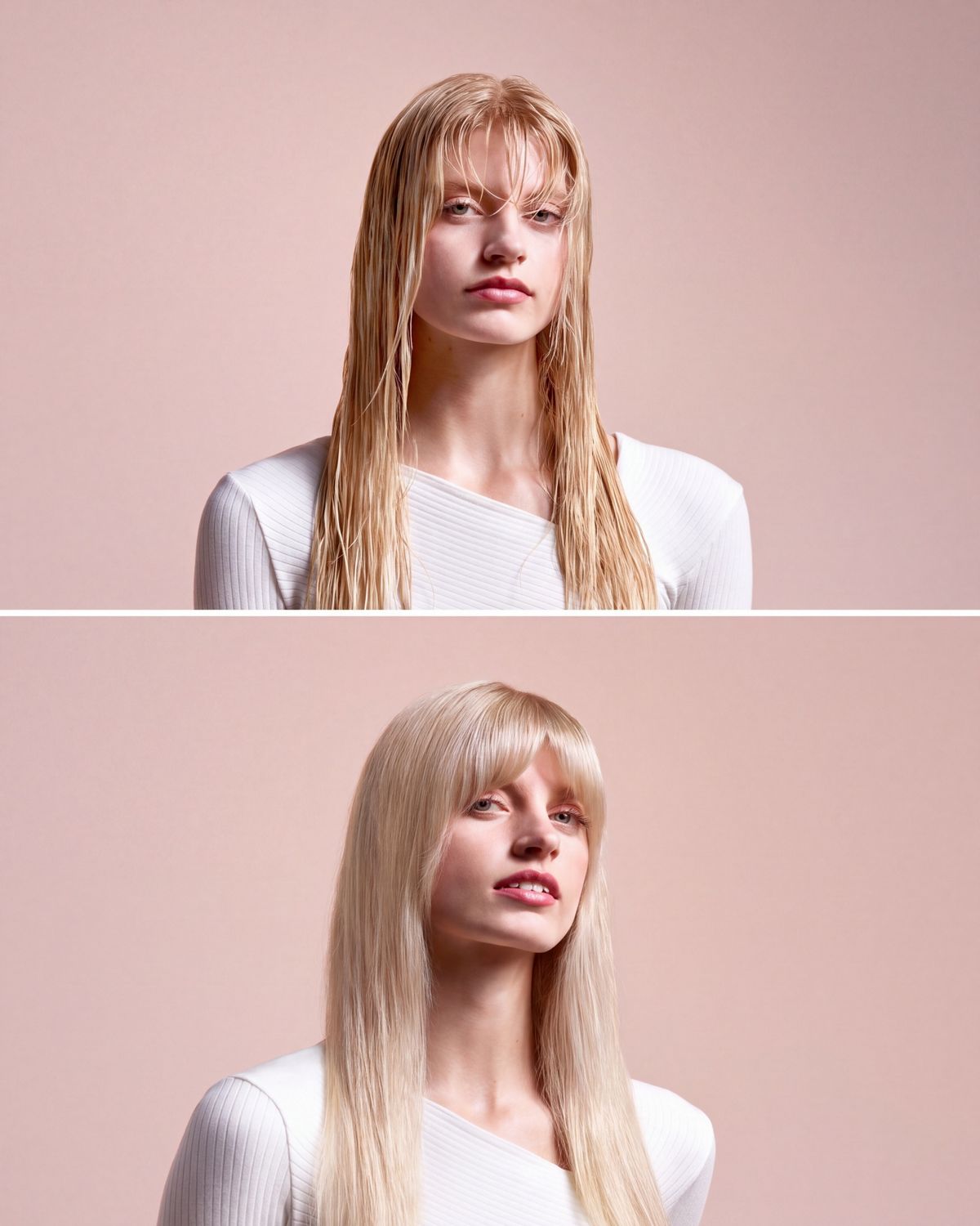 A model with long, straight blonde hair before styling, with hair wet, and then shown after having used the Dyson Airstrait straightener.