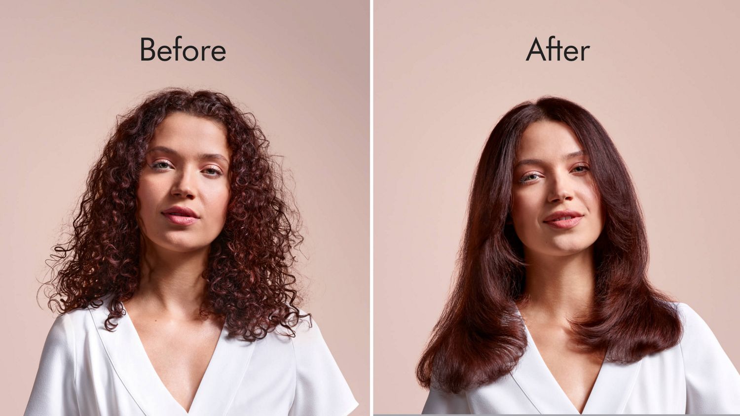 Una modella con capelli castani ricci di media lunghezza prima della messa in piega, con i capelli bagnati, e poi mostrata dopo aver utilizzato la piastra Dyson Airstrait.