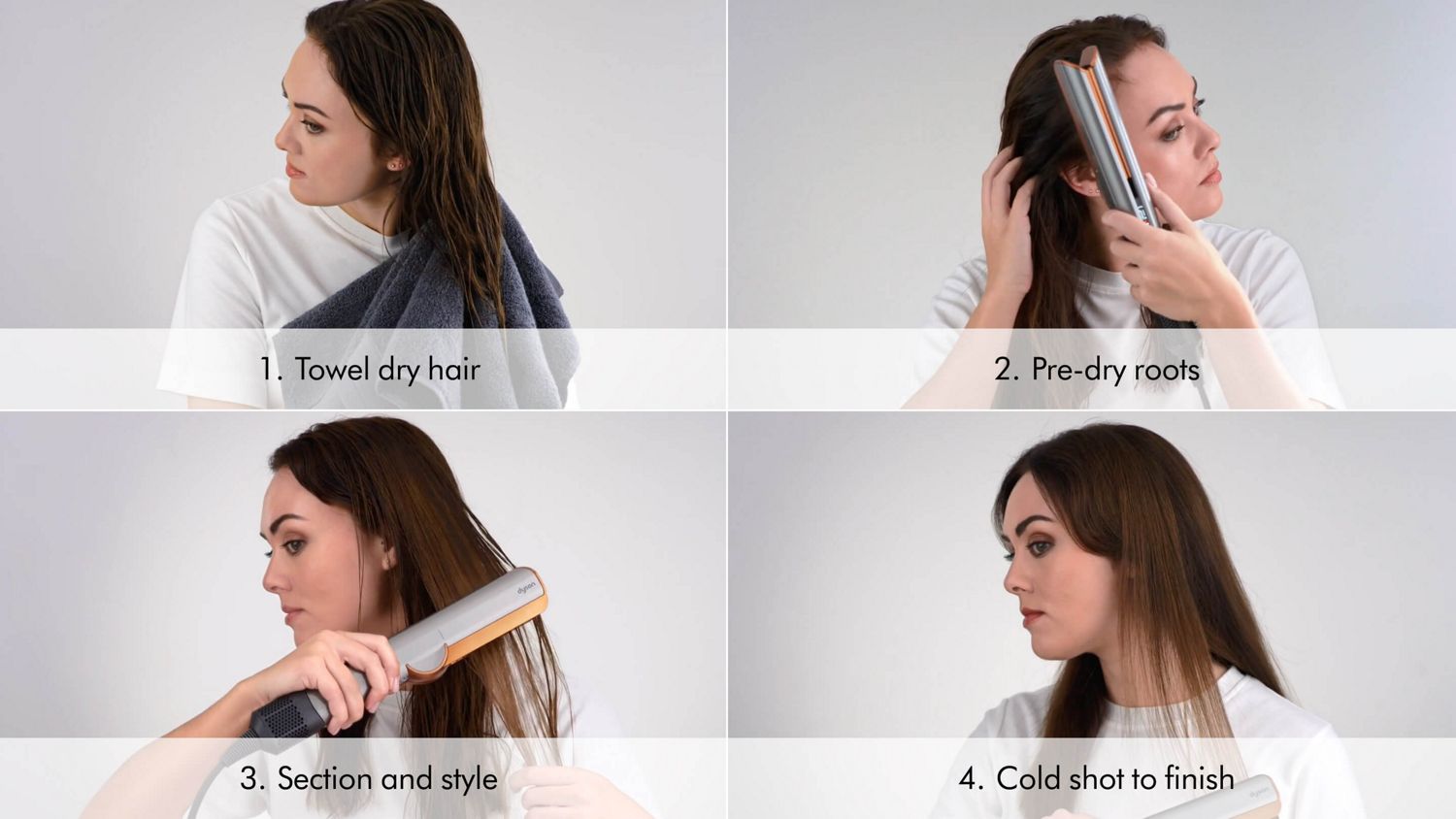A grid of four images shows a model demonstrating the steps to use the Dyson Airstrait straightener, including drying and styling.
