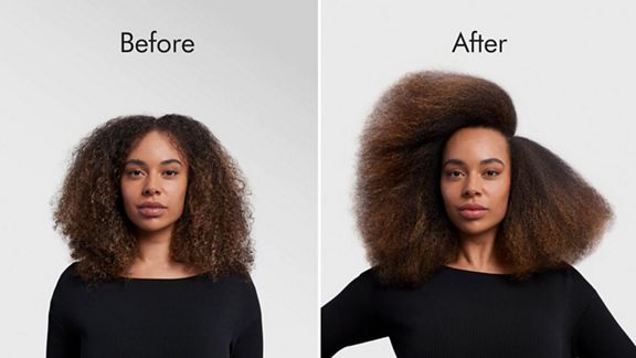 A model with type 4 hair before and after styling hair in a stretched blowout with the Dyson Airwrap i.d. multi-styler and dryer.