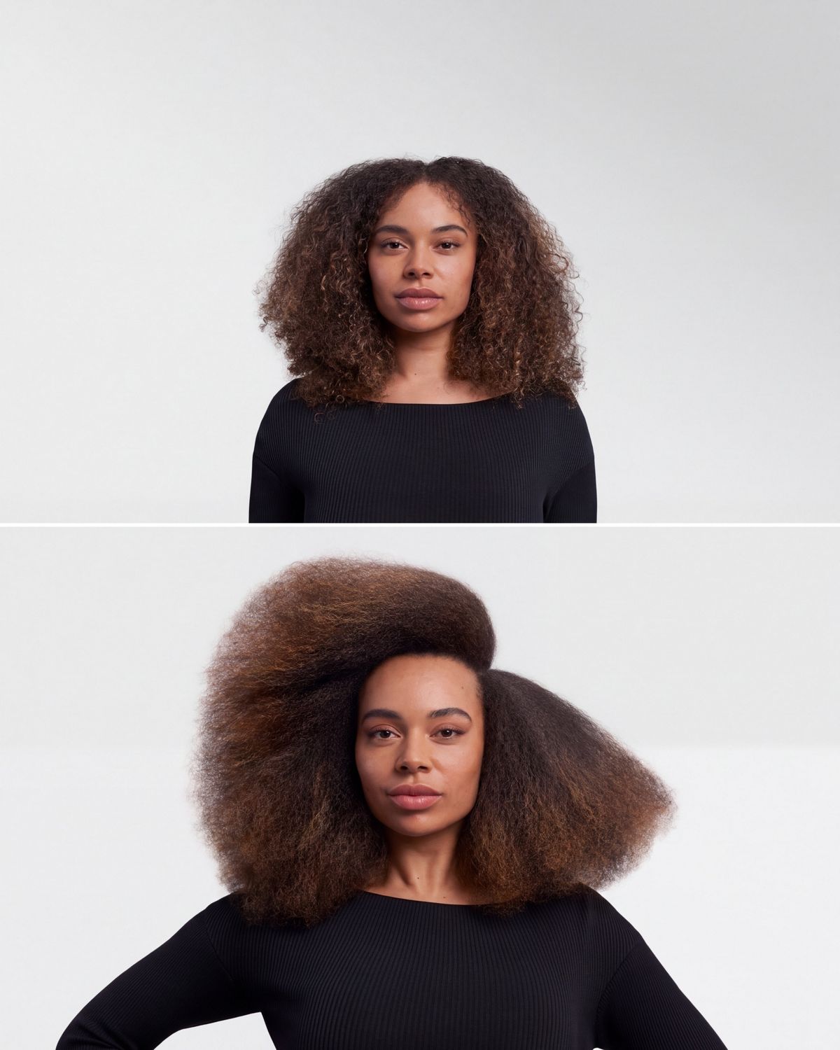 A model with type 4 hair before and after styling hair in a stretched blowout with the Dyson Airwrap i.d. multi-styler and dryer.