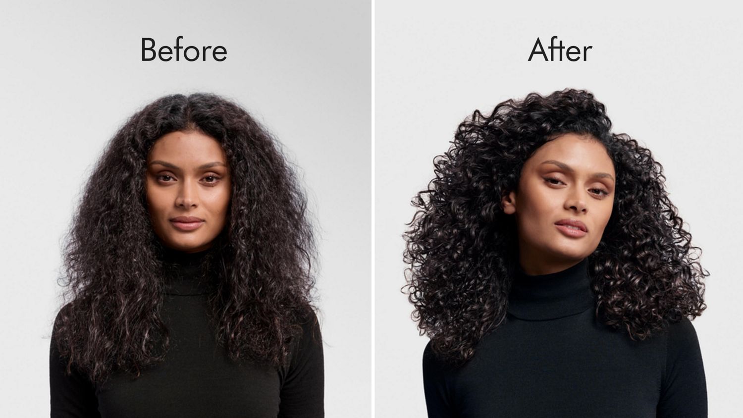 Un modèle avant et après avoir coiffé ses cheveux en boucles naturelles améliorées avec le Dyson Airwrap i.d.