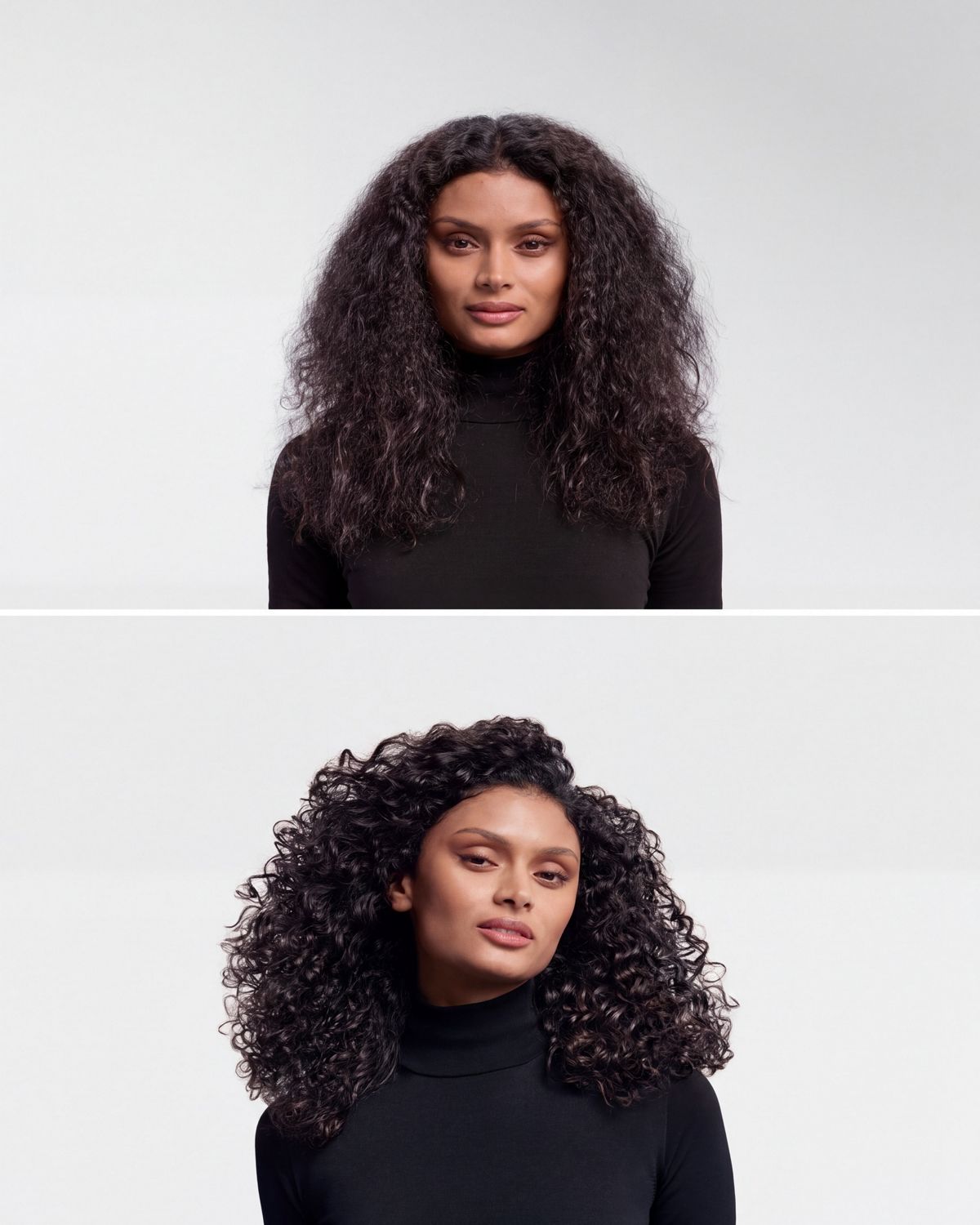 A model before and after styling hair in enhanced natural curls with the Dyson Airwrap i.d. multi-styler and dryer.
