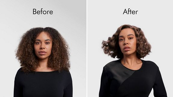 A model with type 4 hair before and after styling hair in cloud curls with the Dyson Airwrap i.d. multi-styler and dryer.