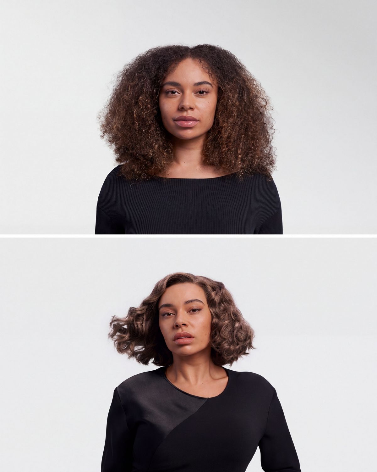 A model with type 4 hair before and after styling hair in cloud curls with the Dyson Airwrap i.d. multi-styler and dryer.
