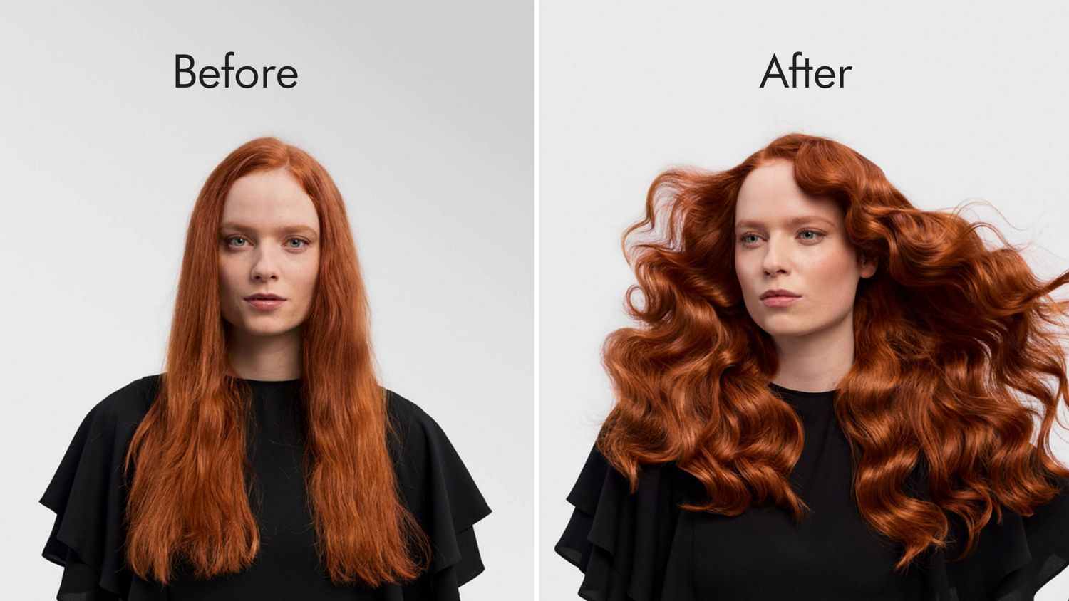 A model before and after styling hair in glamorous curls with the Dyson Airwrap i.d. multi-styler and dryer.